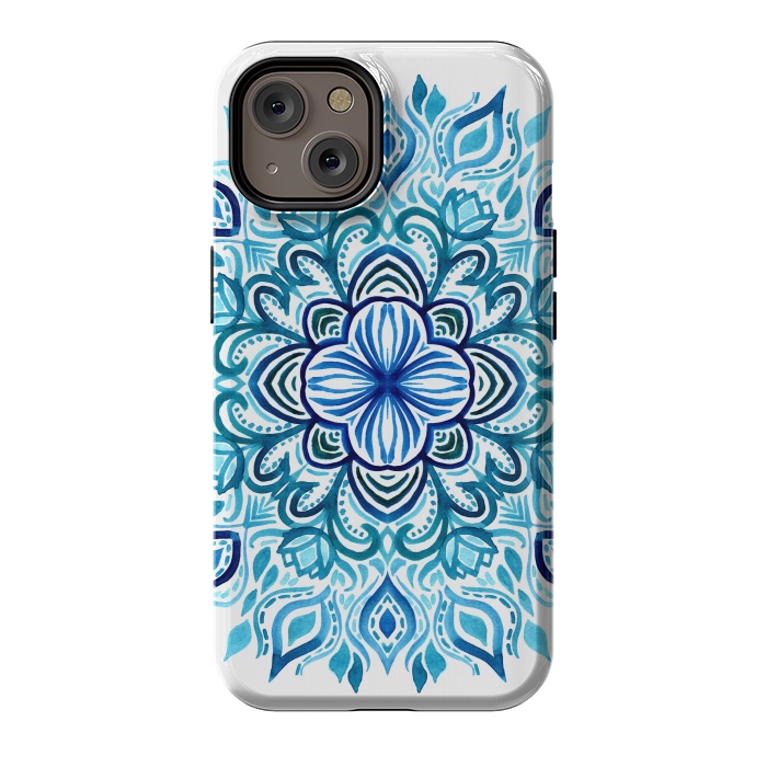 iPhone 14 StrongFit Watercolor Blues Lotus Mandala by Micklyn Le Feuvre