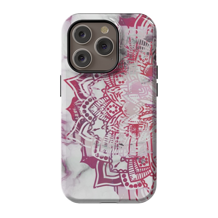iPhone 14 Pro StrongFit Red pink mandala digital painting on white marble by Oana 
