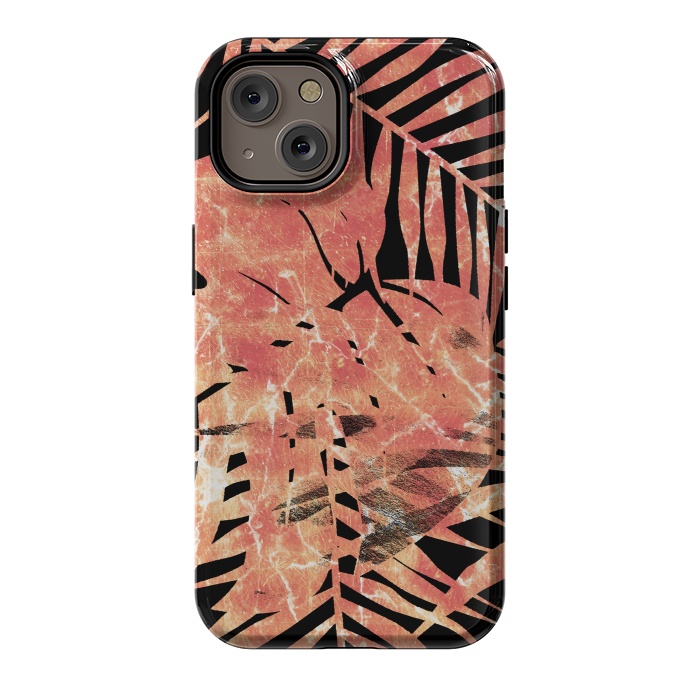 iPhone 14 StrongFit Golden palm and ficus tropical marble leaves on black background by Oana 