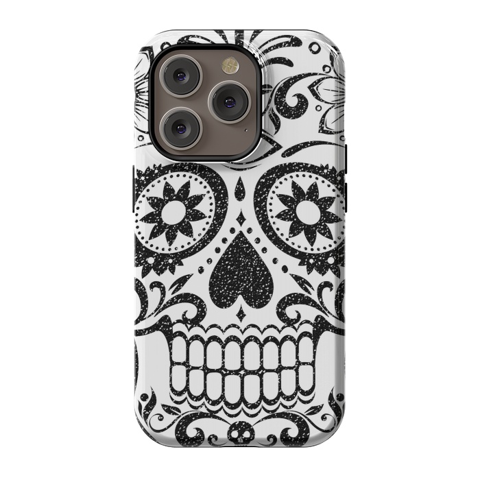 iPhone 14 Pro StrongFit Black glitter decorated floral sugar skull - Halloween by Oana 