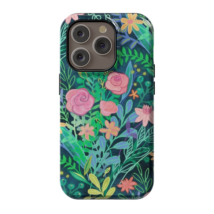 iPhone 14 Pro StrongFit Bright Floral Posie on Dark Green by Micklyn Le Feuvre