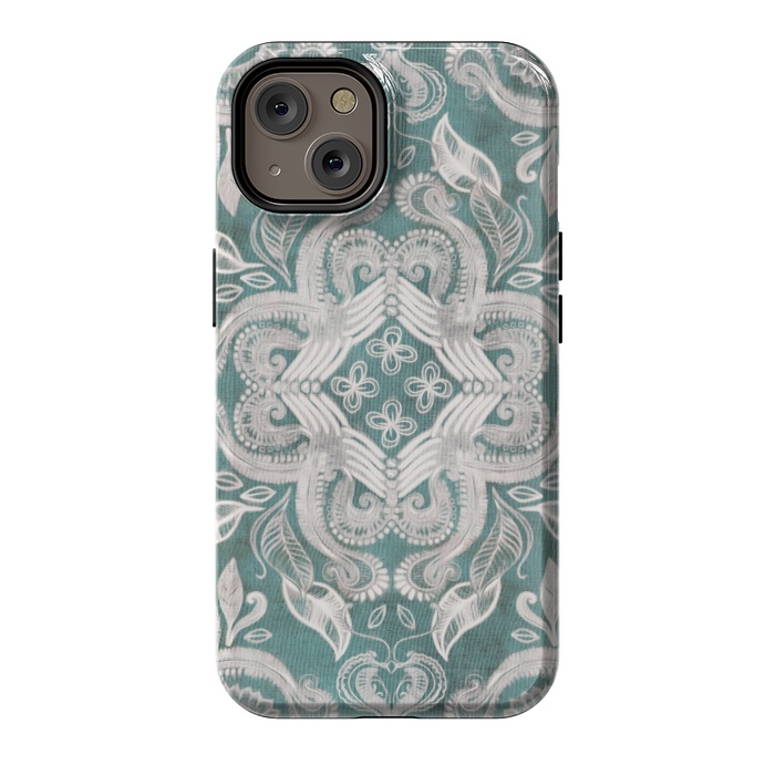 iPhone 14 StrongFit Dirty Denim Boho Pattern in Teal and Grey by Micklyn Le Feuvre
