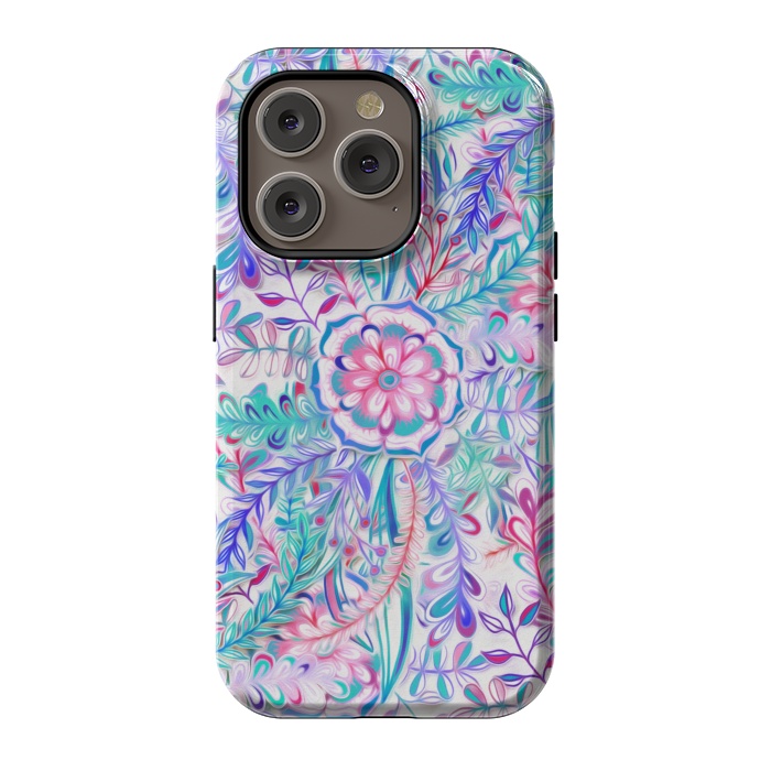 iPhone 14 Pro StrongFit Boho Flower Burst in Pink and Blue by Micklyn Le Feuvre