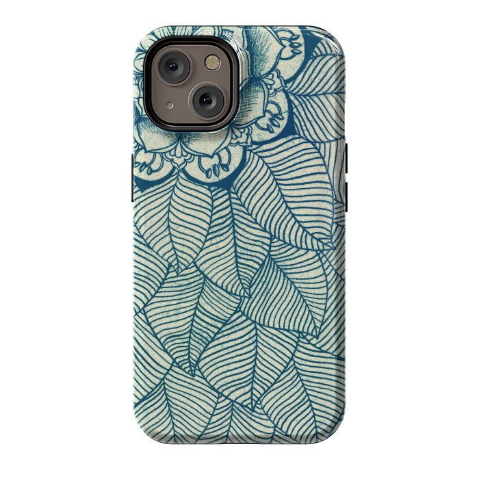 iPhone 14 StrongFit Emerald Green, Navy & Cream Floral & Leaf doodle by Micklyn Le Feuvre