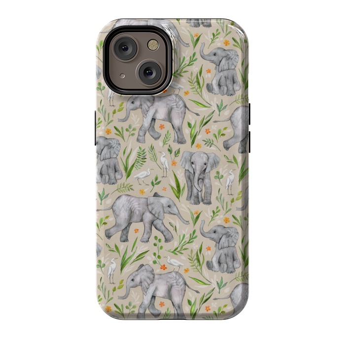 iPhone 14 StrongFit Little Watercolor Elephants and Egrets on Neutral Cream by Micklyn Le Feuvre