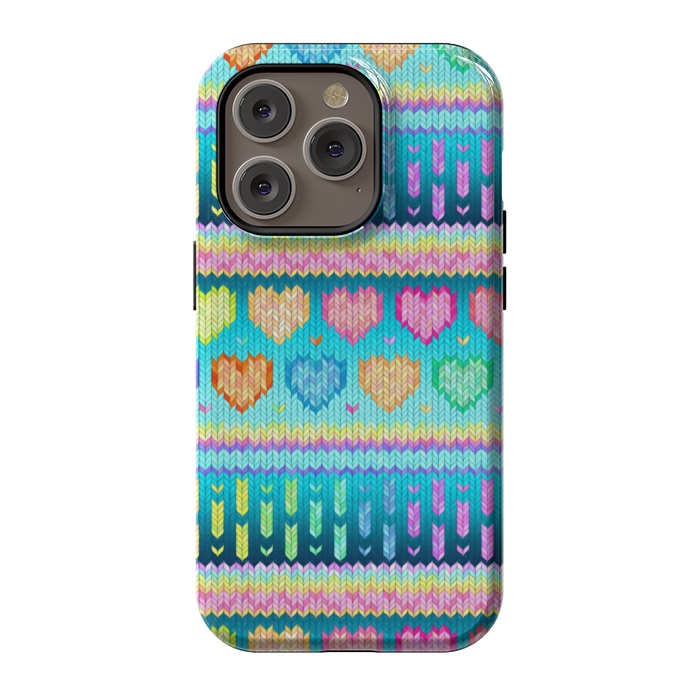 iPhone 14 Pro StrongFit Cozy Knit with Rainbow Hearts on Teal Blue by Micklyn Le Feuvre
