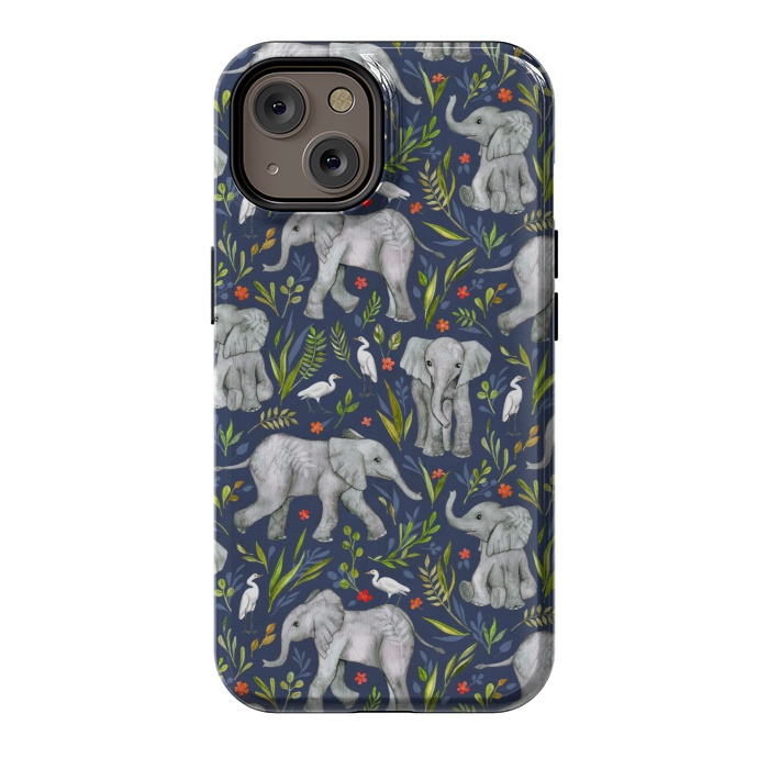 iPhone 14 StrongFit Little Watercolor Elephants and Egrets on Navy Blue by Micklyn Le Feuvre