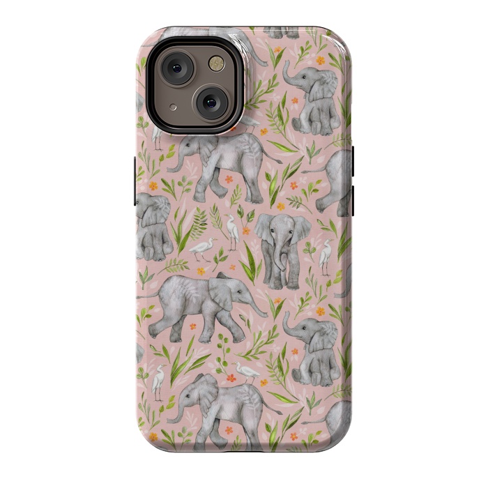 iPhone 14 StrongFit Little Watercolor Elephants and Egrets on Blush Pink  by Micklyn Le Feuvre