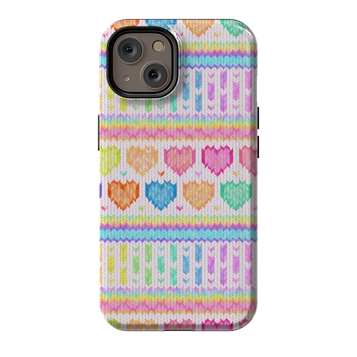 iPhone 14 StrongFit Cozy Knit with Rainbow Hearts on Off White by Micklyn Le Feuvre
