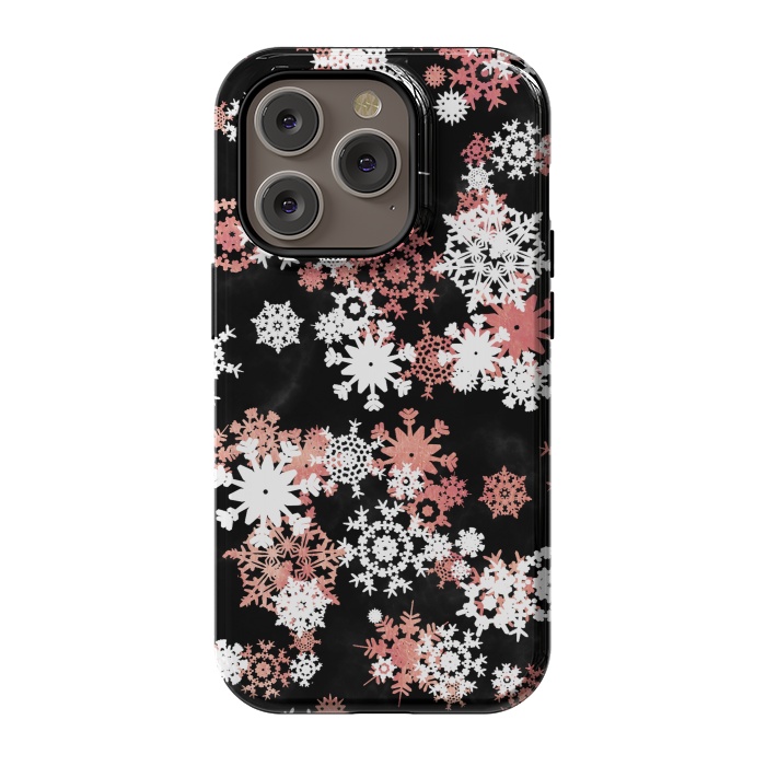 iPhone 14 Pro StrongFit Rose gold and white snowflakes on black background by Oana 