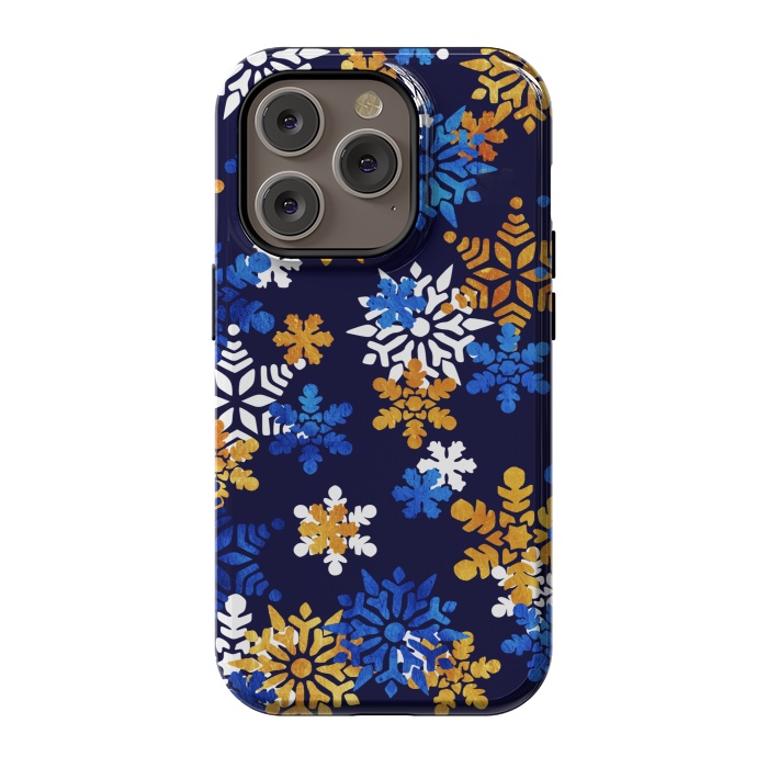 iPhone 14 Pro StrongFit Blue, gold, white snowflakes by Oana 
