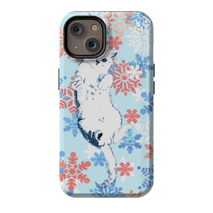 iPhone 14 StrongFit White cat and blue white gold snowflakes by Oana 