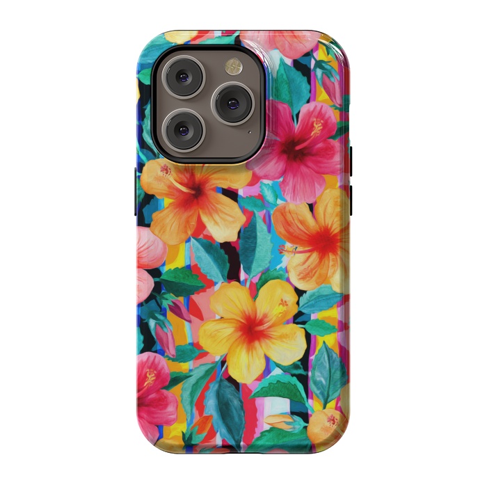 iPhone 14 Pro StrongFit OTT Maximalist Hawaiian Hibiscus Floral with Stripes by Micklyn Le Feuvre