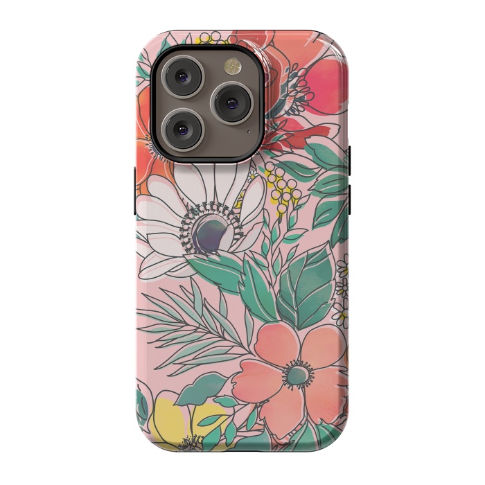 iPhone 14 Pro StrongFit Cute girly pink floral hand drawn design by InovArts