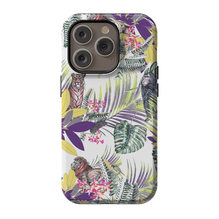 iPhone 14 Pro StrongFit Colorful jungle leaves and wild animals pattern by Oana 