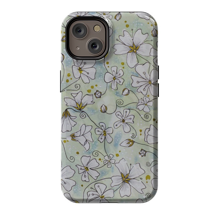 iPhone 14 StrongFit Pretty White Flowers on Watercolour by Paula Ohreen
