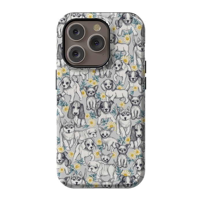 iPhone 14 Pro StrongFit Dogs and Daisies on Grey by Micklyn Le Feuvre