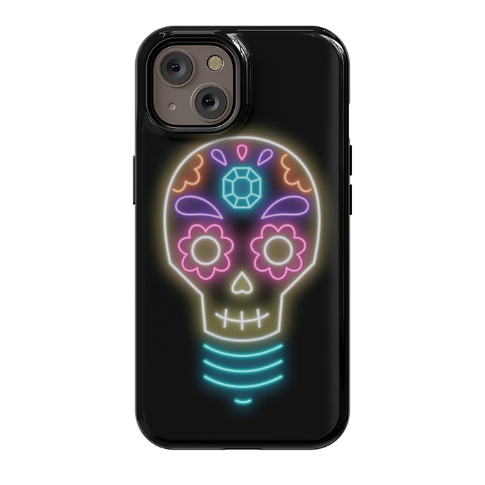 iPhone 14 StrongFit Neon sugar skull lightbulb by Laura Nagel