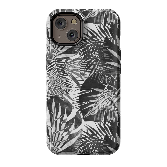 iPhone 14 StrongFit Black and white tropical leaves illusion by Oana 