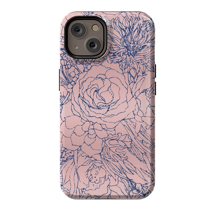 iPhone 14 StrongFit Stylish Metallic Navy Blue and Pink Floral Design by InovArts