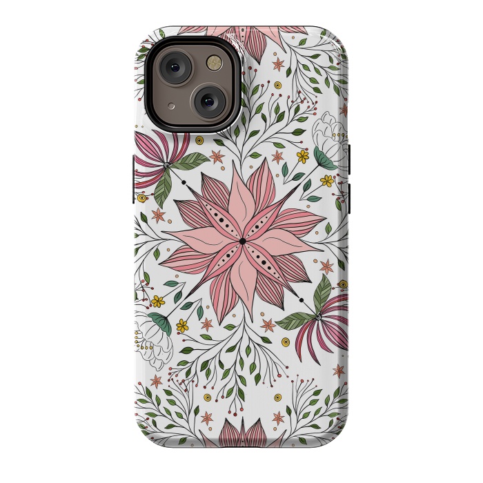 iPhone 14 StrongFit Cute Vintage Pink Floral Doodles Tile Art by InovArts