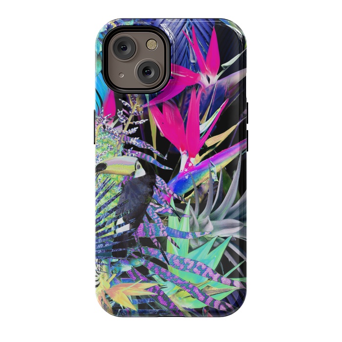iPhone 14 StrongFit Colorful neon toucan and strelitzia jungle pattern by Oana 