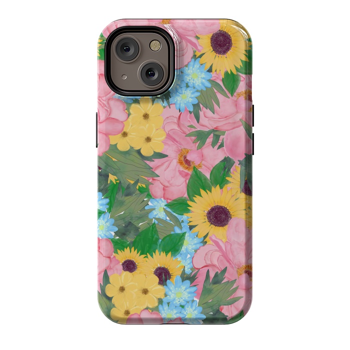 iPhone 14 StrongFit Trendy Pink Peonies Yellow Sunflowers Watercolor paint by InovArts