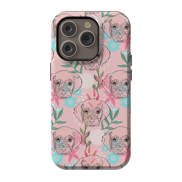 iPhone 14 Pro StrongFit Cute Puppy Dog and Flowers Pink Creative Art by InovArts