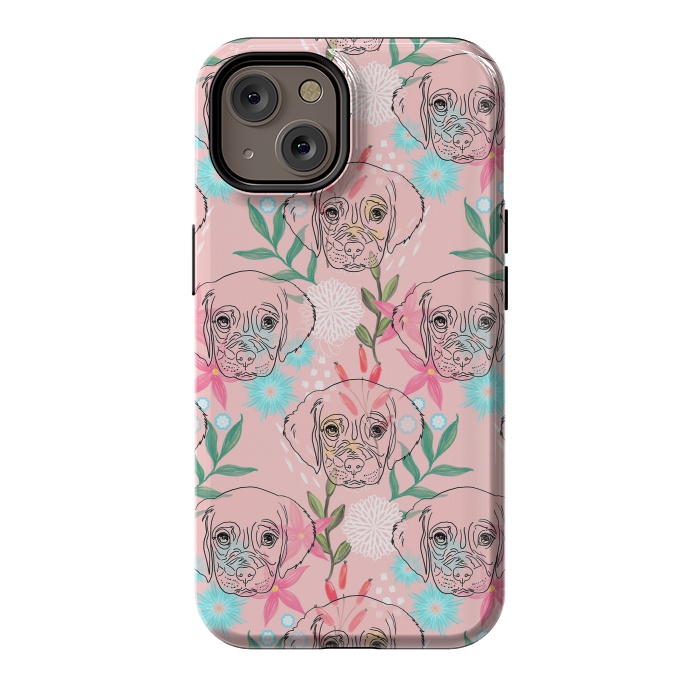 iPhone 14 StrongFit Cute Puppy Dog and Flowers Pink Creative Art by InovArts