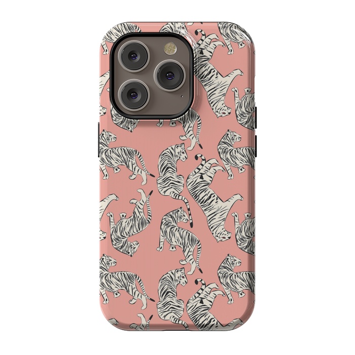 iPhone 14 Pro StrongFit Tiger pattern, white on pink, 006 by Jelena Obradovic