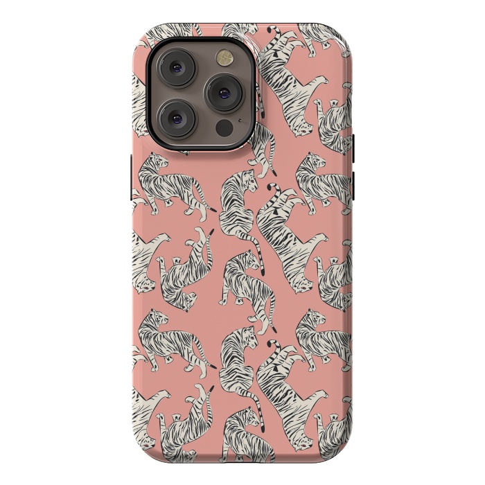 iPhone 14 Pro max StrongFit Tiger pattern, white on pink, 006 by Jelena Obradovic