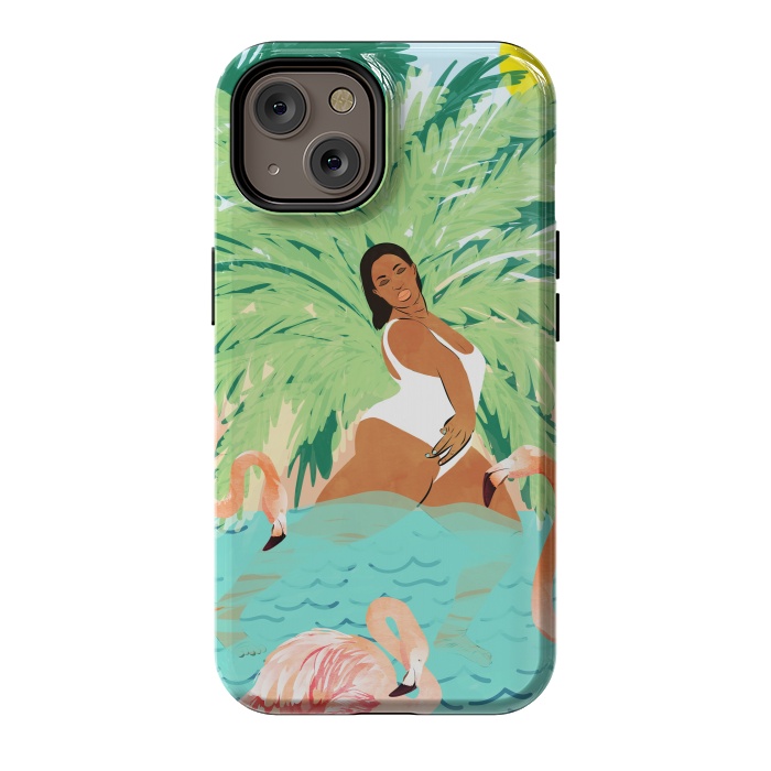iPhone 14 StrongFit Tropical Summer Water Yoga with Palm & Flamingos | Woman of Color Black Woman Body Positivity by Uma Prabhakar Gokhale