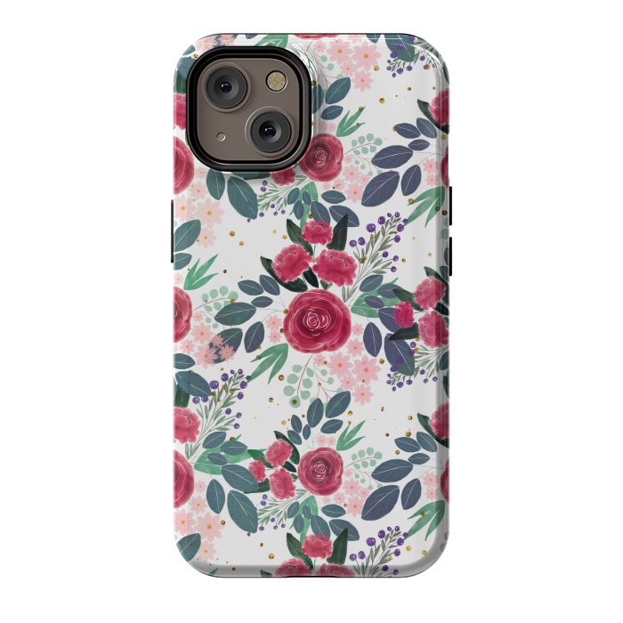 iPhone 14 StrongFit Cute Rose Pink Peonies Watercolor Paint Gold Dots Design by InovArts