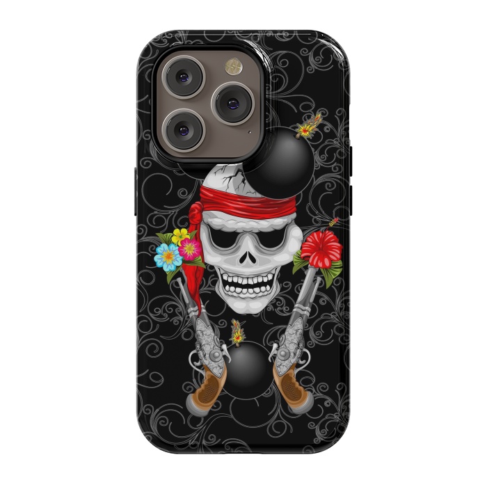 iPhone 14 Pro StrongFit Pirate Skull, Ancient Guns, Flowers and Cannonballs by BluedarkArt