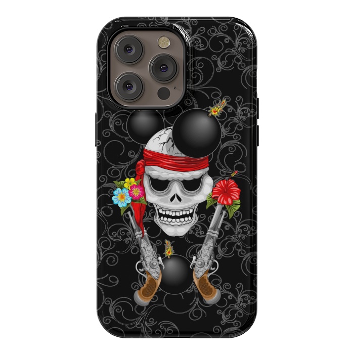 iPhone 14 Pro max StrongFit Pirate Skull, Ancient Guns, Flowers and Cannonballs by BluedarkArt