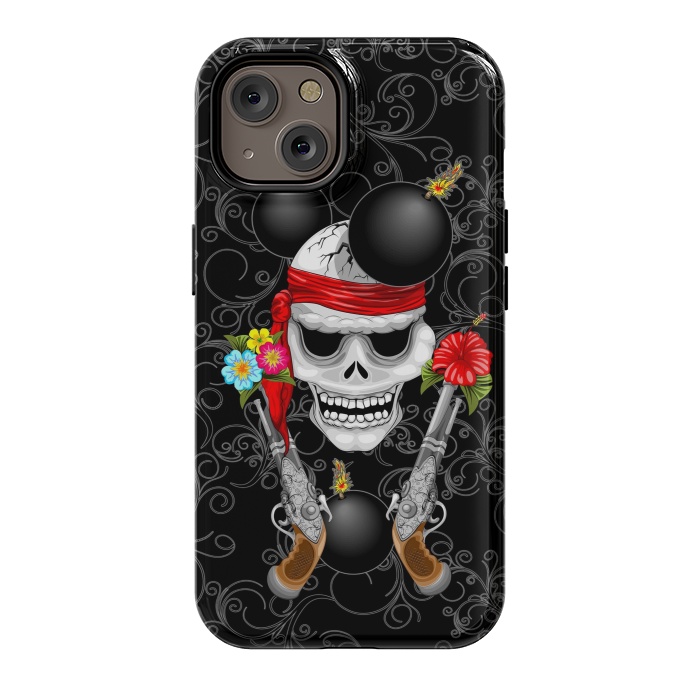 iPhone 14 StrongFit Pirate Skull, Ancient Guns, Flowers and Cannonballs by BluedarkArt