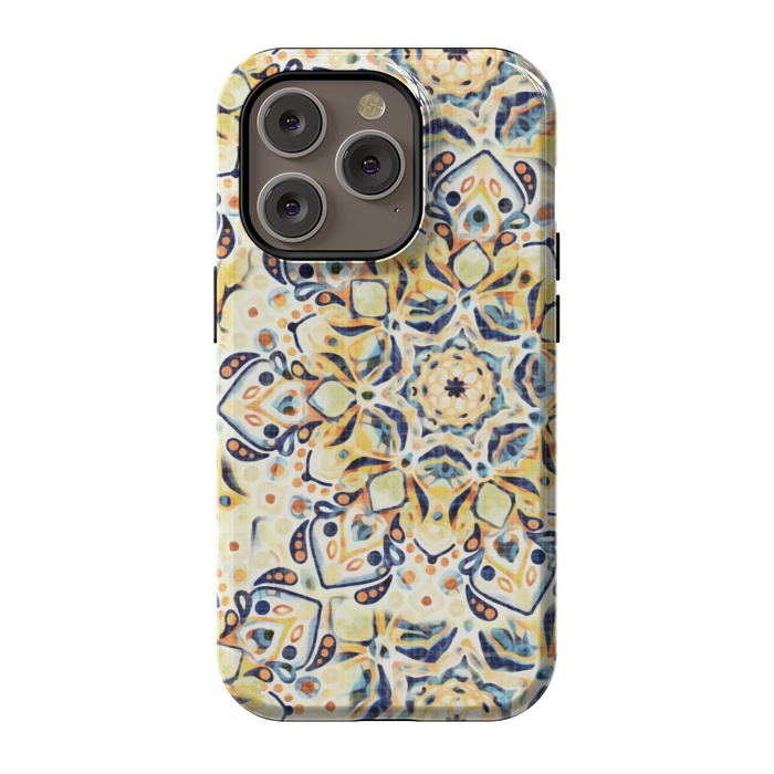 iPhone 14 Pro StrongFit Stained Glass Mandala - Mustard Yellow & Navy  by Tigatiga