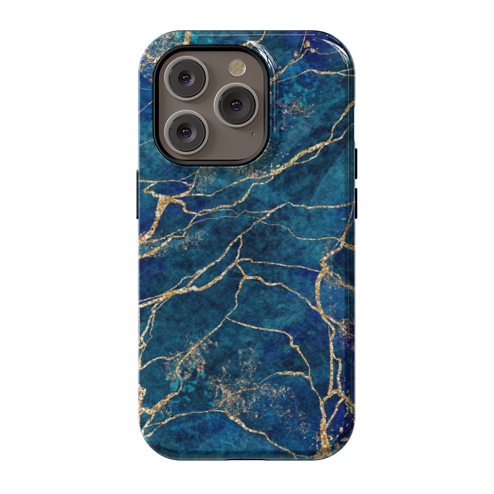 iPhone 14 Pro StrongFit Blue Marble with Gold Glitter Veins Fake Stone Texture by ArtsCase