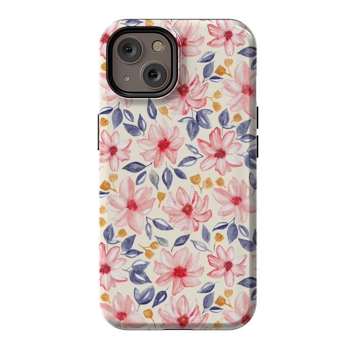 iPhone 14 StrongFit Navy, Gold & Pink Watercolor Floral - Cream  by Tigatiga