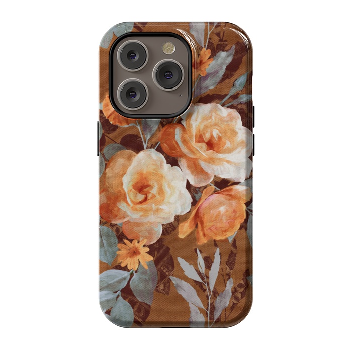 iPhone 14 Pro StrongFit Chintz Roses on Rust Brown by Micklyn Le Feuvre