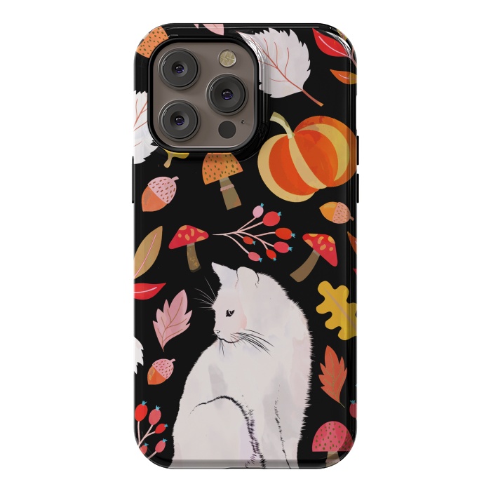 iPhone 14 Pro max StrongFit Autumn nature pattern with white cat by Oana 