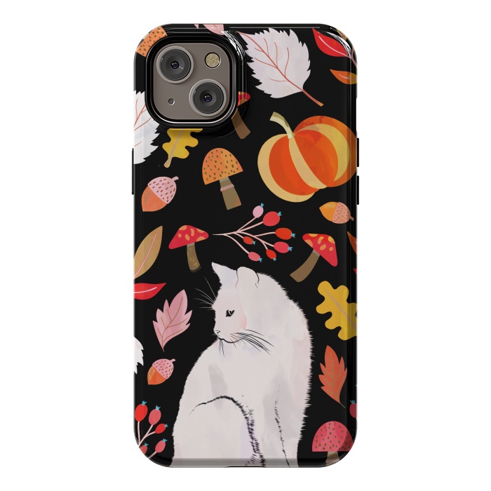iPhone 14 Plus StrongFit Autumn nature pattern with white cat by Oana 