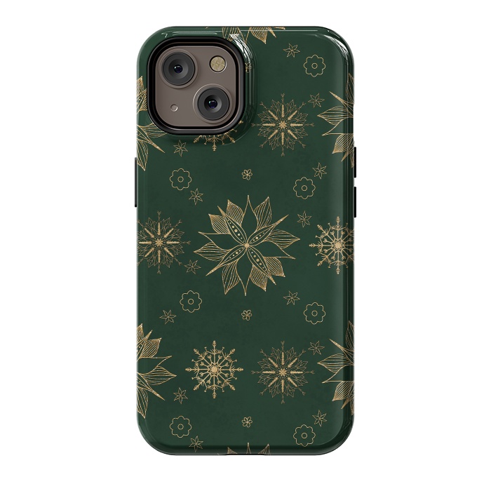 iPhone 14 StrongFit Elegant Gold Green Poinsettias Snowflakes Winter Design by InovArts