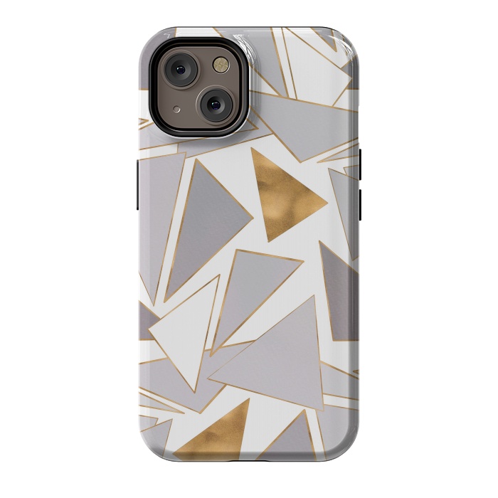 iPhone 14 StrongFit Modern Minimalist Gold Strokes Gray Triangles by InovArts