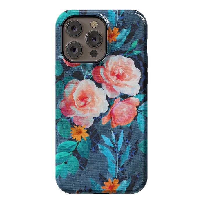 iPhone 14 Pro max StrongFit Retro Rose Chintz in Radiant Coral on Blue by Micklyn Le Feuvre
