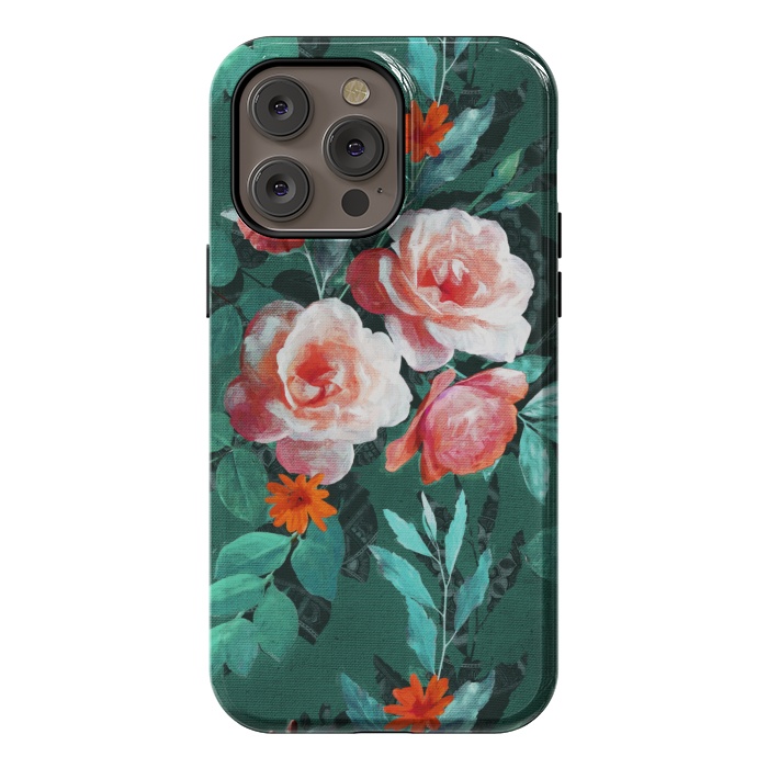 iPhone 14 Pro max StrongFit Retro Rose Chintz in Melon Pink on Dark Emerald Green by Micklyn Le Feuvre