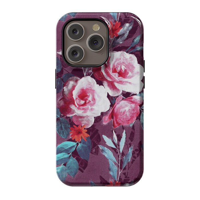 iPhone 14 Pro StrongFit Retro Rose Chintz in Magenta and Plum by Micklyn Le Feuvre