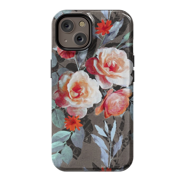 iPhone 14 StrongFit Retro Rose Chintz in Scarlet, Peach, Sage and Grey by Micklyn Le Feuvre