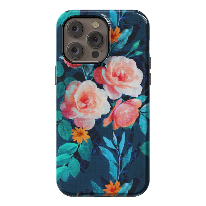 iPhone 14 Pro max StrongFit Retro Rose Chintz in Bright Coral and Peach on Indigo Blue by Micklyn Le Feuvre
