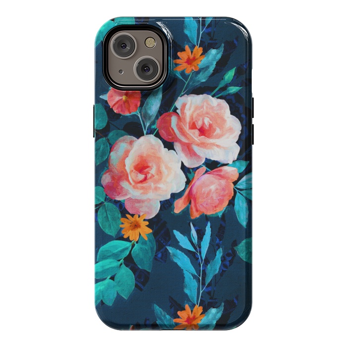 iPhone 14 Plus StrongFit Retro Rose Chintz in Bright Coral and Peach on Indigo Blue by Micklyn Le Feuvre